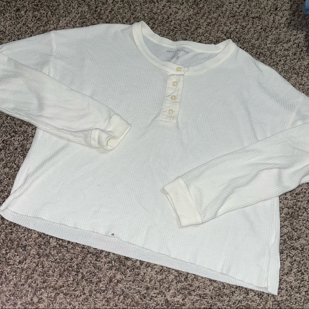Cropped waffle knot quarter button top